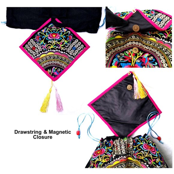 Embroidery Black Backpack Red Blue Boho Geometric Shapes FloralBird Shoulder Bag - Picture 9 of 12